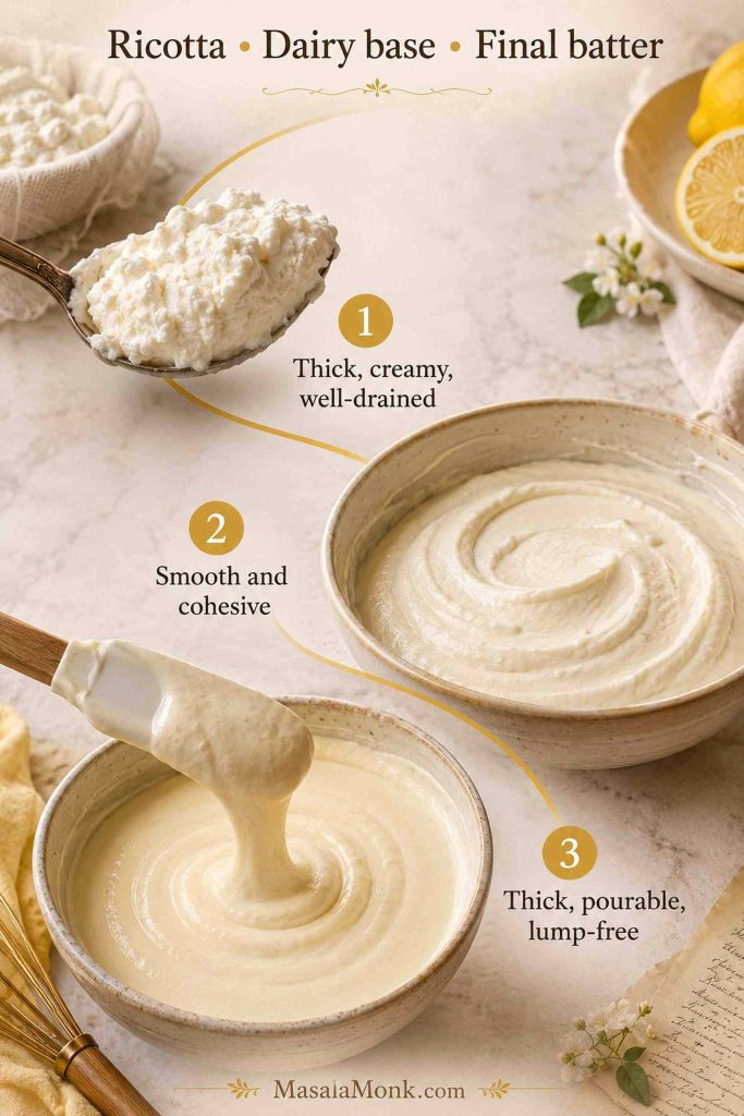 Ricotta cheesecake texture checkpoints showing thick ricotta, smooth dairy base, and thick pourable batter