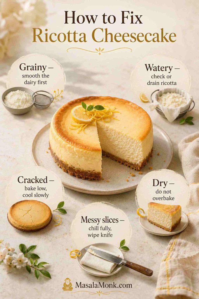 Ricotta cheesecake troubleshooting board with fixes for grainy, watery, cracked, dry, and messy slices
