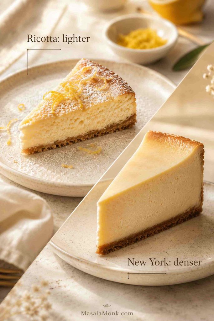 Ricotta cheesecake slice compared with a denser New York cheesecake slice
