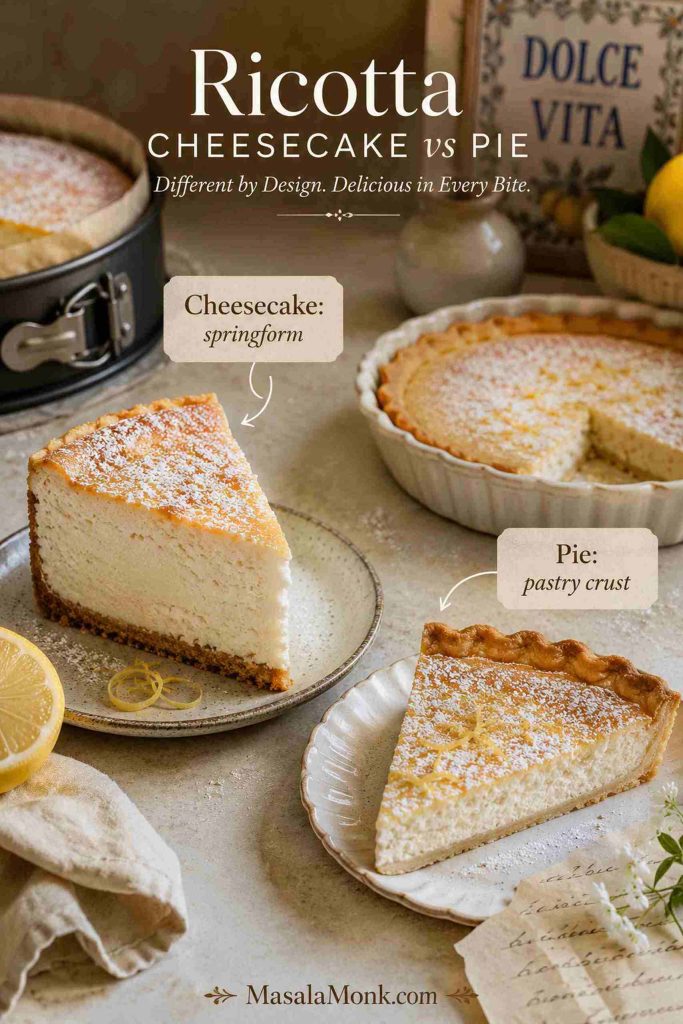 Ricotta cheesecake slice from a springform pan compared with ricotta pie in a pastry crust