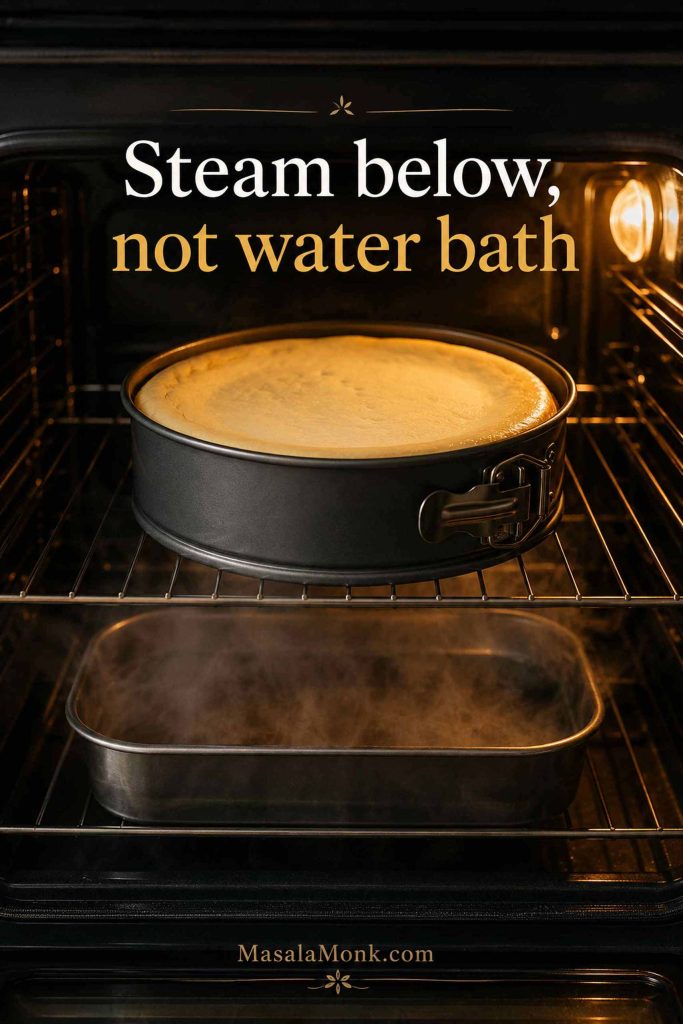 Ricotta cheesecake baking above a pan of hot water in an oven instead of sitting in a water bath