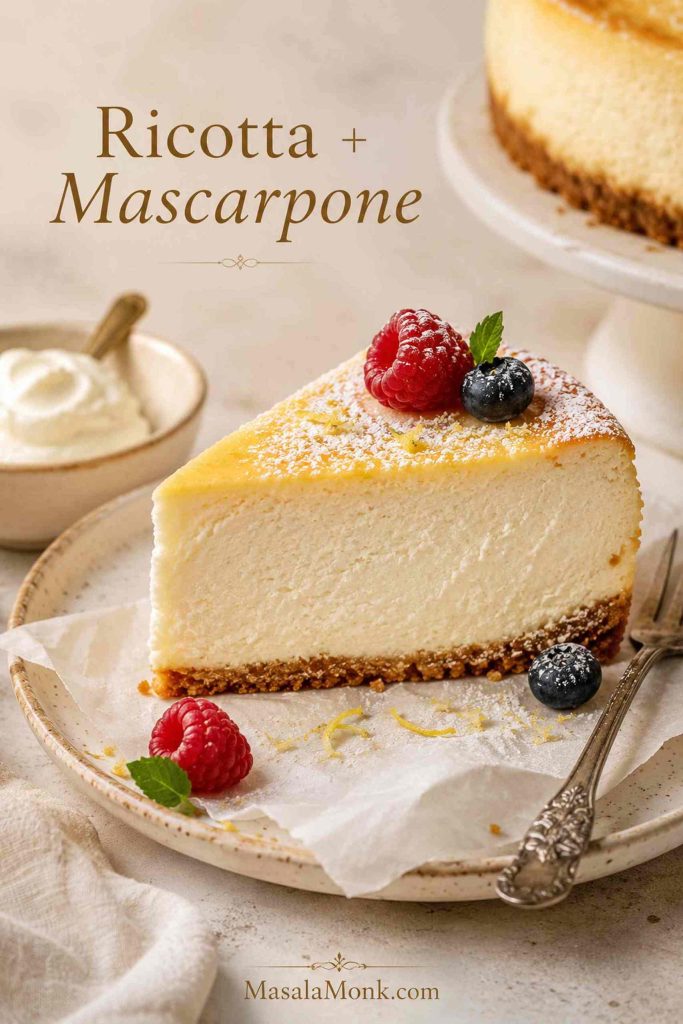 Ricotta mascarpone cheesecake slice with berries, powdered sugar, and mascarpone nearby