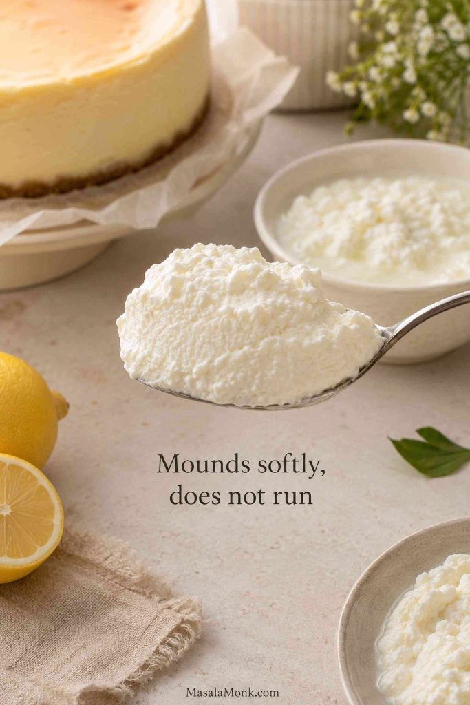 Spoon holding thick ricotta that mounds softly with looser ricotta in a bowl behind it
