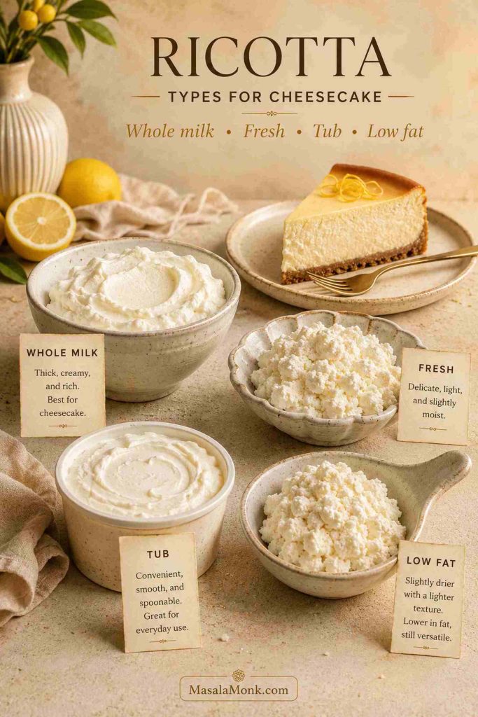 Four ricotta types for cheesecake including whole-milk, fresh, tub, and low-fat ricotta