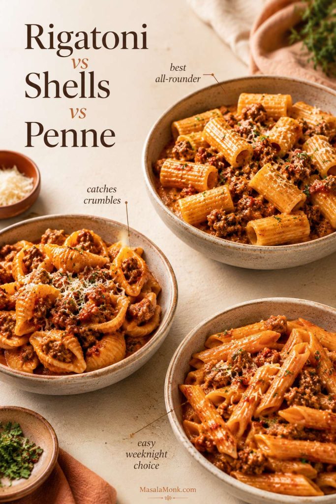 Rigatoni, shells, and penne compared as pasta shapes for creamy sausage pasta with tomato-parmesan sauce.
