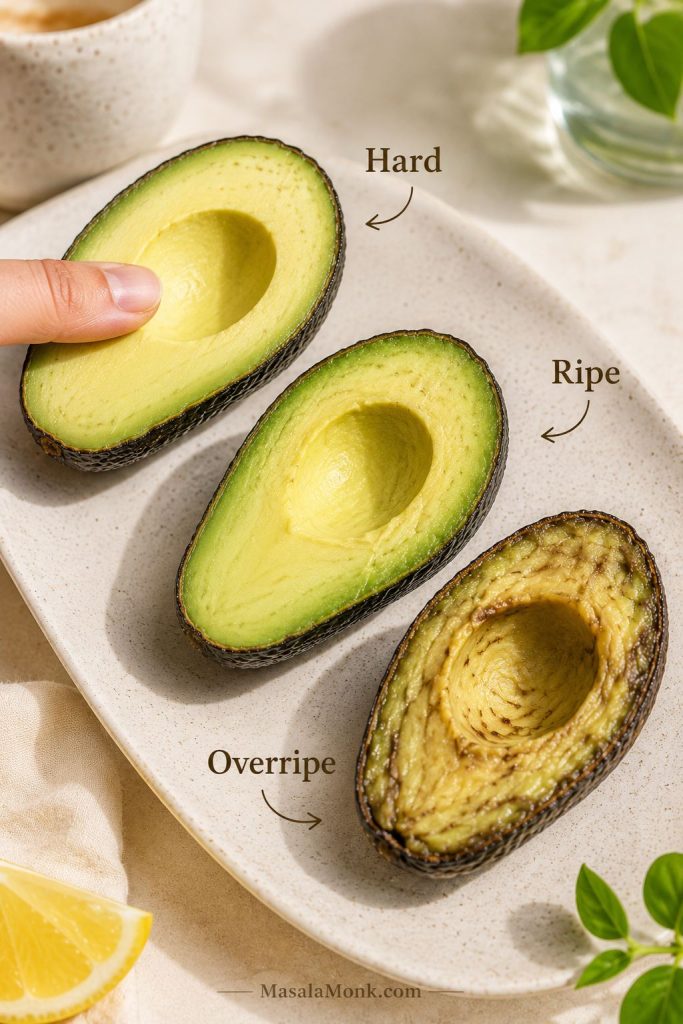 Avocado ripeness guide showing hard, ripe, and overripe avocado examples with cut flesh and pressure cues.