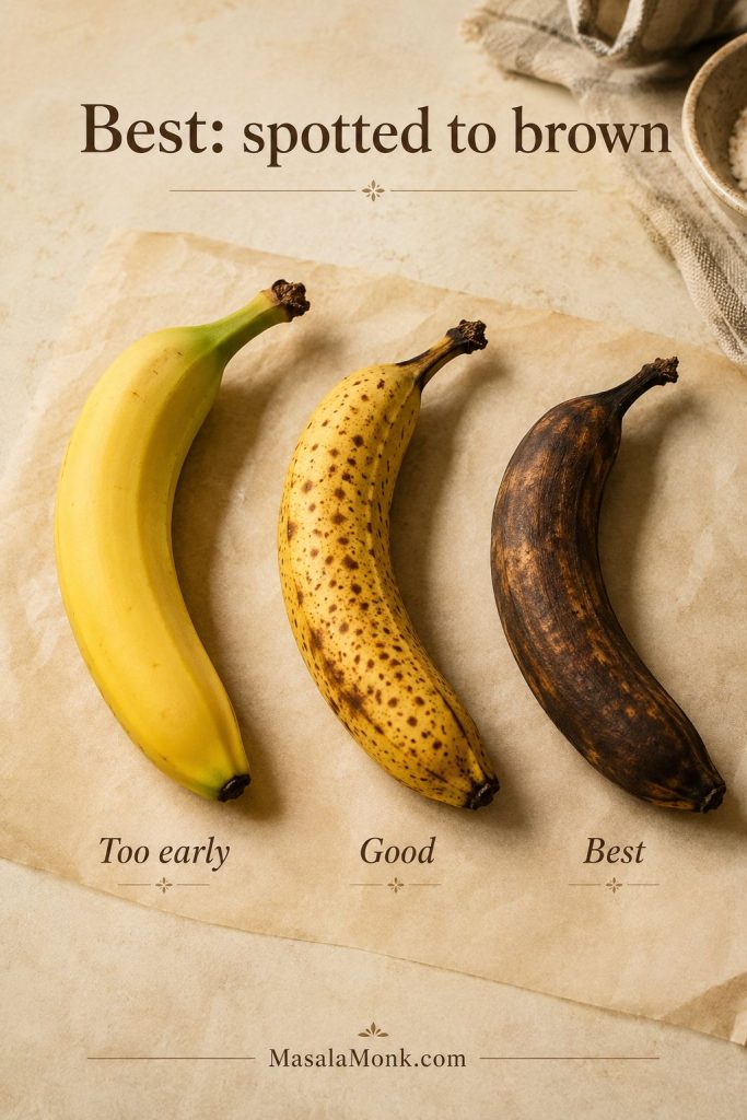Banana ripeness guide with yellow, spotted, and very ripe brown bananas labeled as best when spotted to brown.
