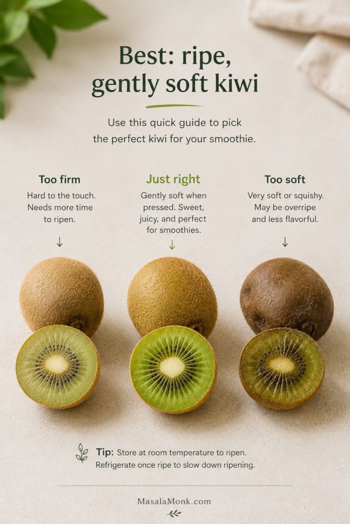 Kiwi ripeness guide showing firm kiwi, ripe kiwi, and very soft kiwi for smoothies