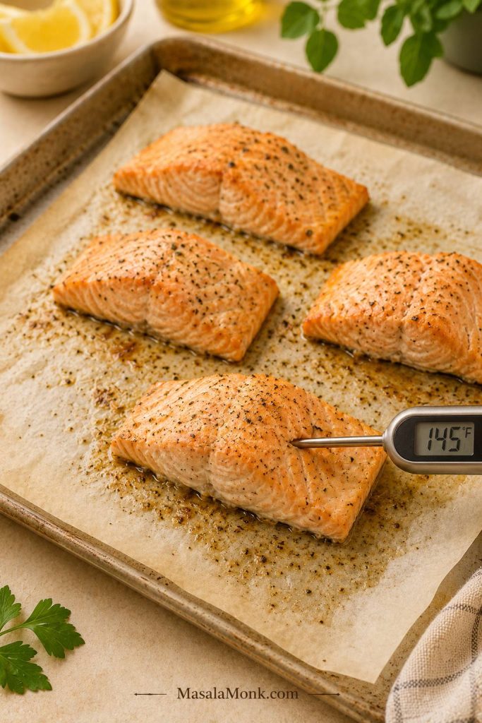 Salmon roasting on parchment with lemon and herbs for creamy salmon pasta