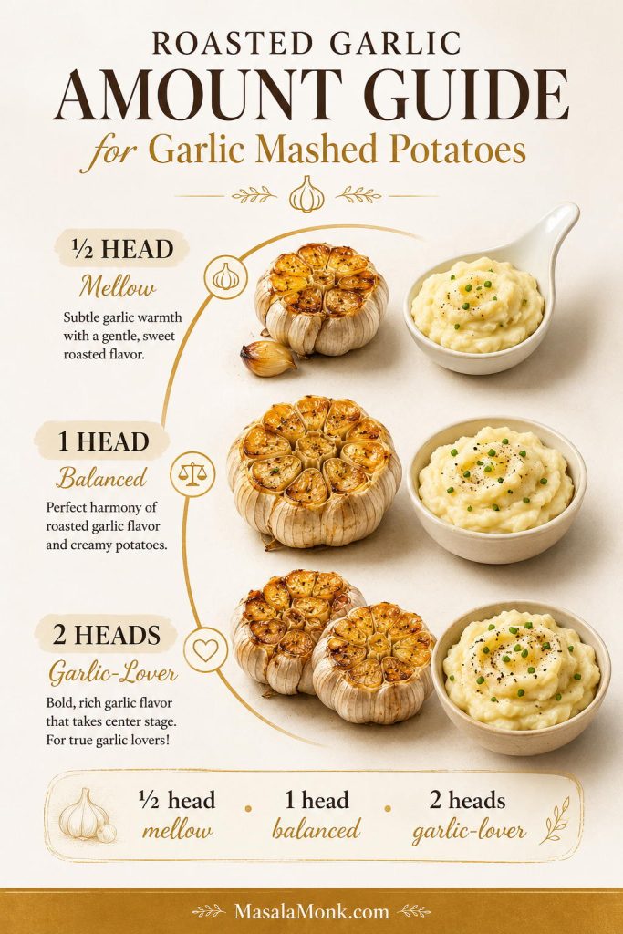 Roasted garlic guide showing half a head, one head, and two heads for mashed potatoes.