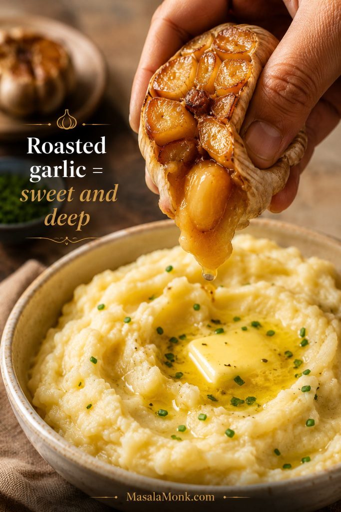 Roasted garlic being squeezed into hot mashed potatoes with a creamy finished bowl nearby.