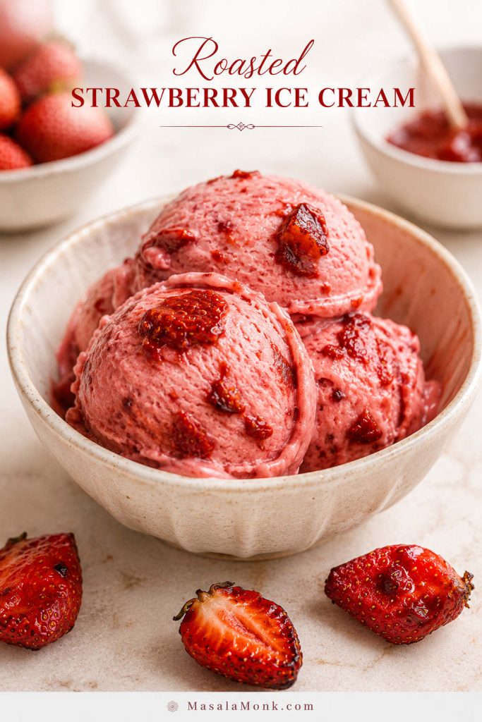 Roasted strawberry ice cream scoops with jammy roasted strawberry pieces and deep berry sauce