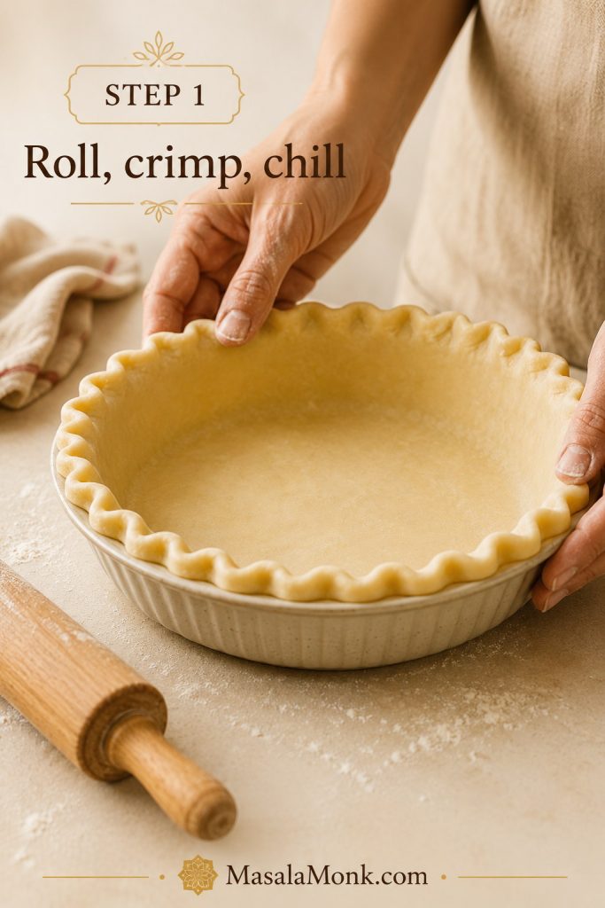 Hands crimping an unbaked pie crust in a deep-dish pie plate for Dutch apple pie.
