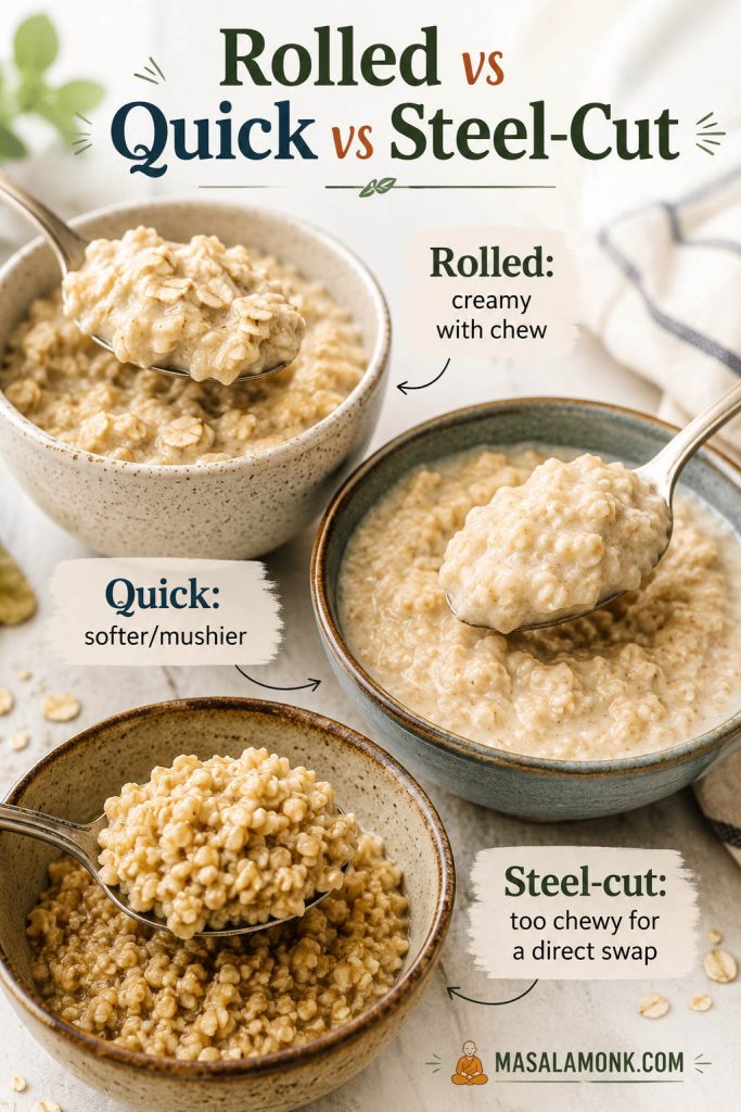 Comparison of soaked rolled oats, quick oats, and steel-cut oats showing different overnight oats textures.