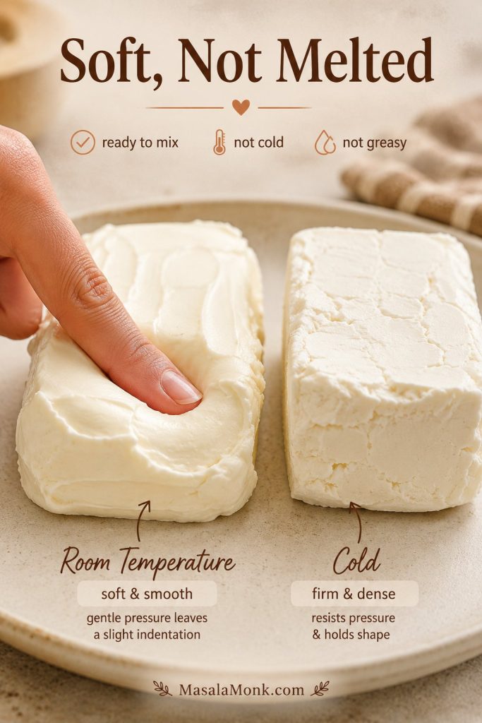 Finger pressing into softened cream cheese to show the correct room-temperature texture for cheesecake filling.