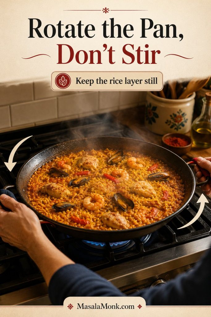 Hands rotating a paella pan on a stovetop while the rice simmers without being stirred.