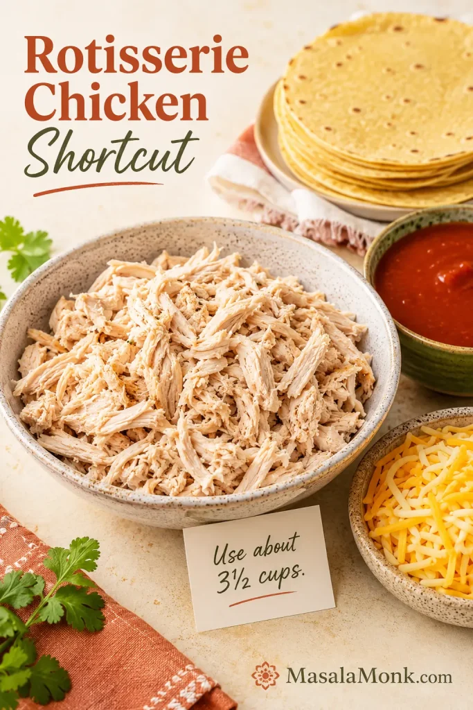 Shredded rotisserie chicken measured for chicken enchilada casserole with tortillas, sauce, and cheese nearby.