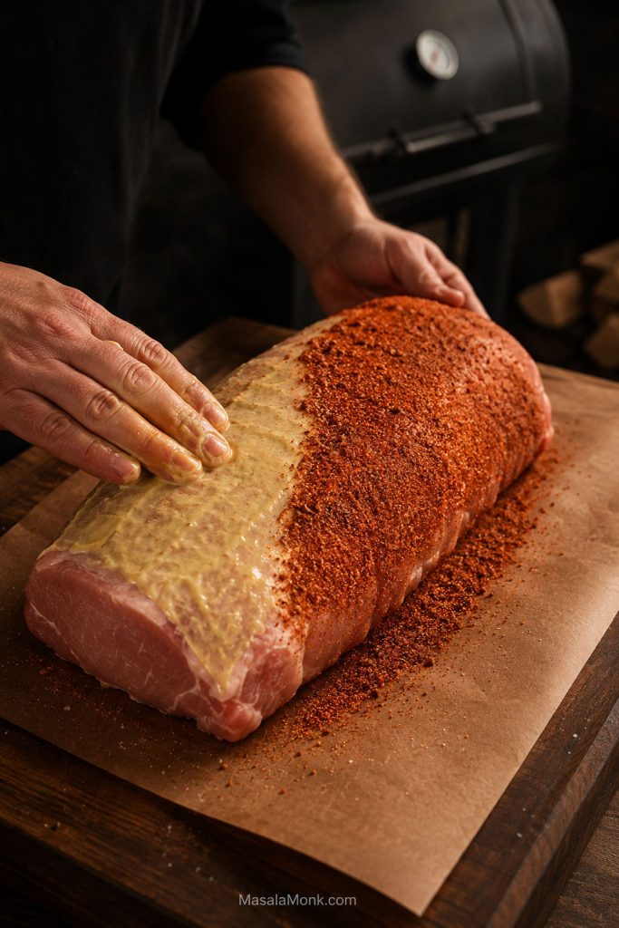 Applying Dijon binder and brown sugar smoked paprika rub to pork loin before smoking