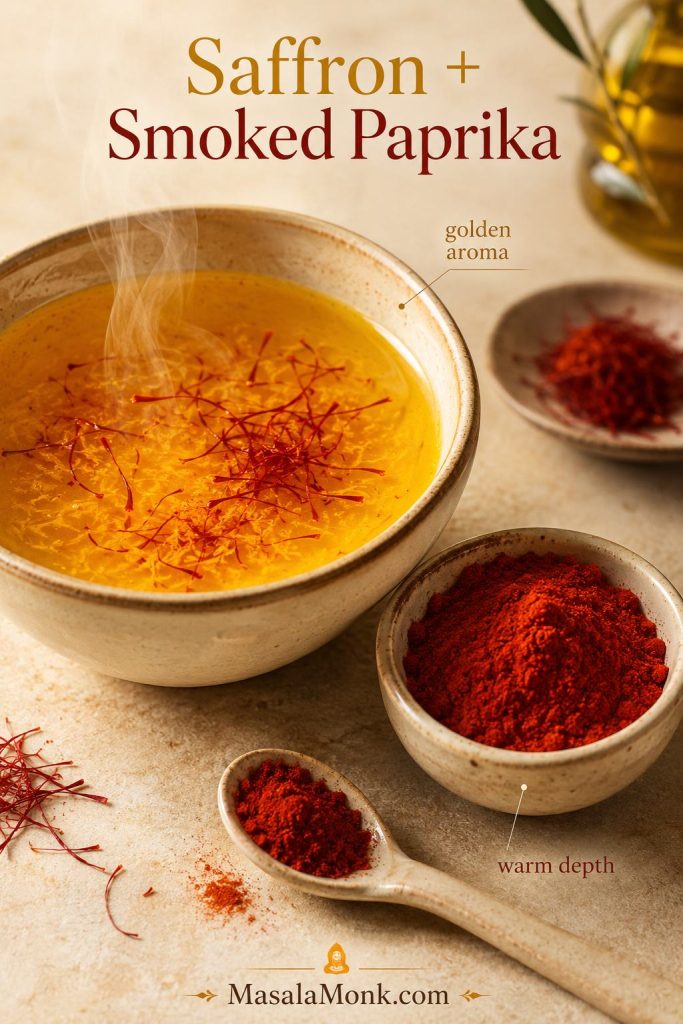 Saffron threads blooming in hot stock beside smoked paprika for adding color, aroma, and warmth to paella.