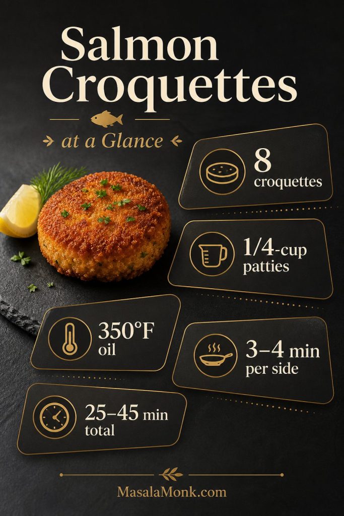 At-a-glance guide for salmon croquettes showing yield, patty size, oil temperature, cook time, and total time
