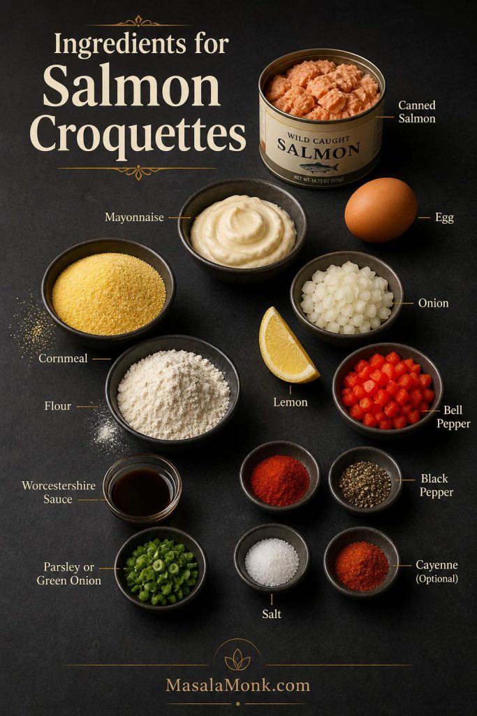 Ingredients for salmon croquettes including canned salmon, egg, mayonnaise, cornmeal, flour, onion, bell pepper, lemon, Worcestershire sauce, herbs, and spices