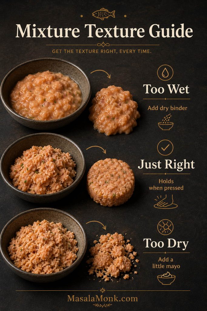 Three salmon croquette mixtures labeled too wet, just right, and too dry