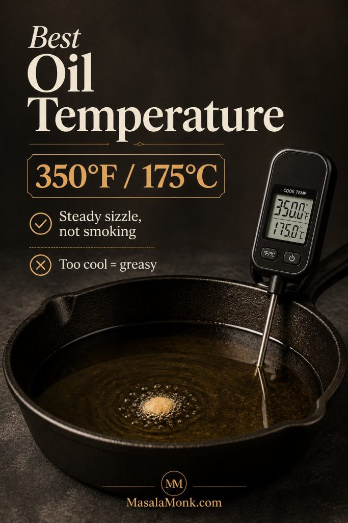 Frying thermometer in shallow oil at 350 degrees Fahrenheit with a small crumb sizzling in a cast iron skillet