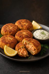 Crispy salmon croquettes on a dark plate with lemon wedges, dipping sauce, herbs, and one croquette broken open
