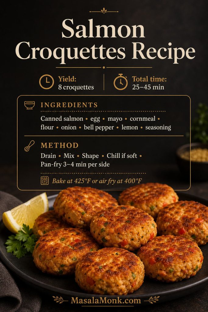 Saveable salmon croquettes recipe card with yield, total time, ingredients, method, and cooked croquettes
