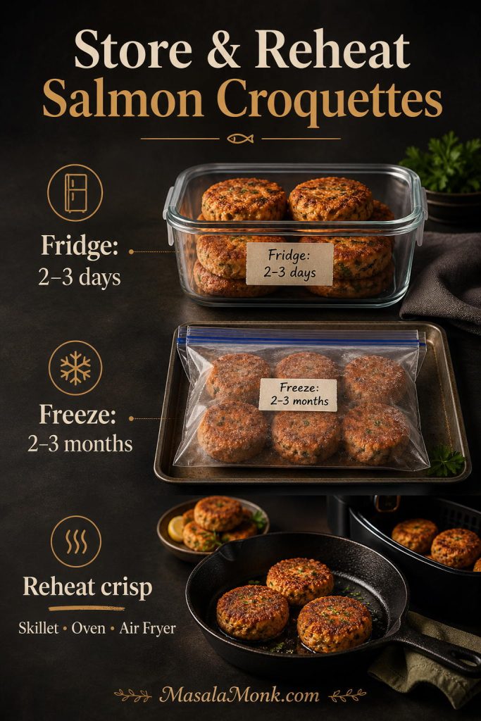 Salmon croquettes stored in a fridge container, frozen in a freezer bag, and reheated in a skillet or air fryer