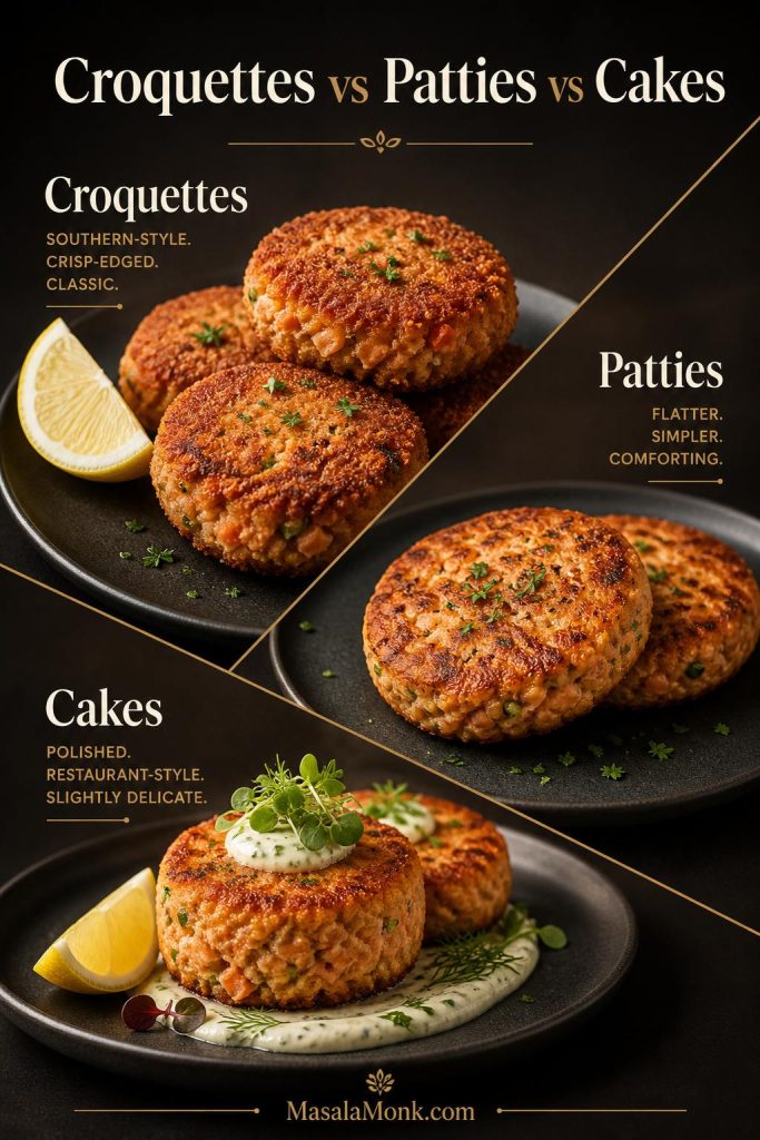 Comparison of salmon croquettes, salmon patties, and salmon cakes arranged as three different plated examples
