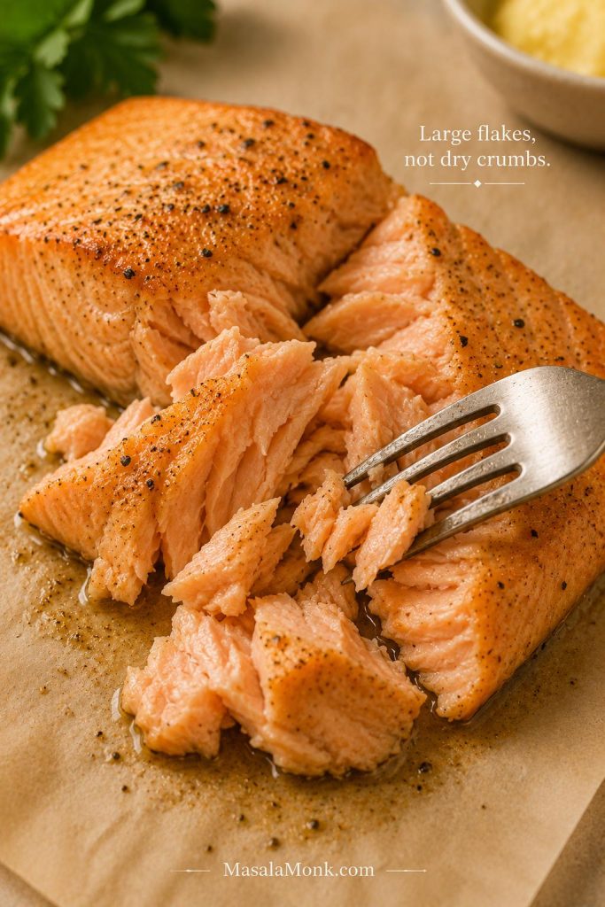 Cooked salmon being separated with a fork into large moist flakes