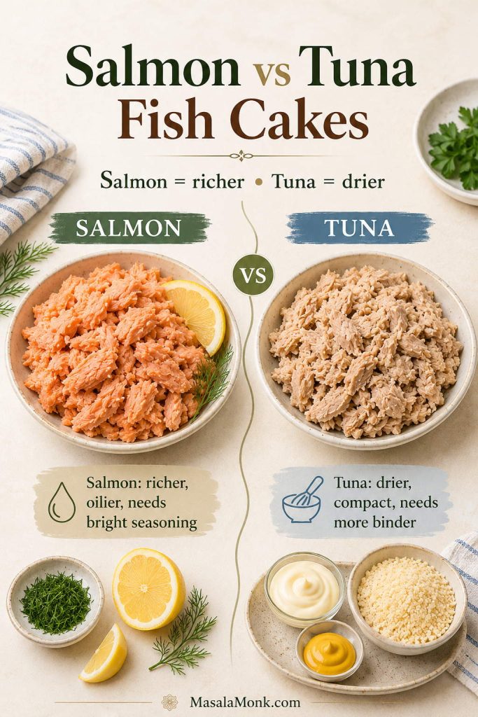 Comparison of salmon and tuna for fish cakes, showing salmon as richer and tuna as drier with binder ingredients nearby