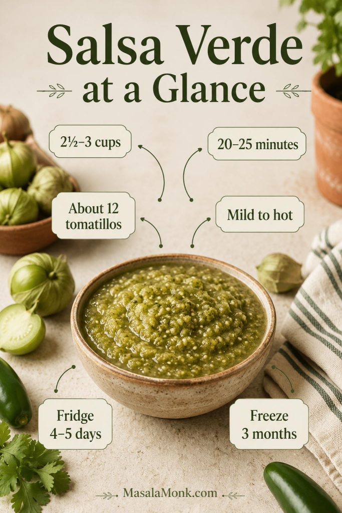Salsa verde jar with callouts for yield, time, tomatillo count, heat level, refrigerator storage, and freezer storage