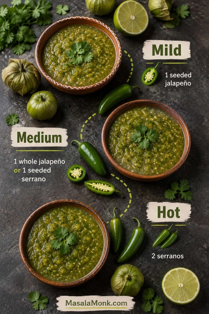 Mild, medium, and hot salsa verde bowls with jalapeño and serrano pepper amounts shown as labels
