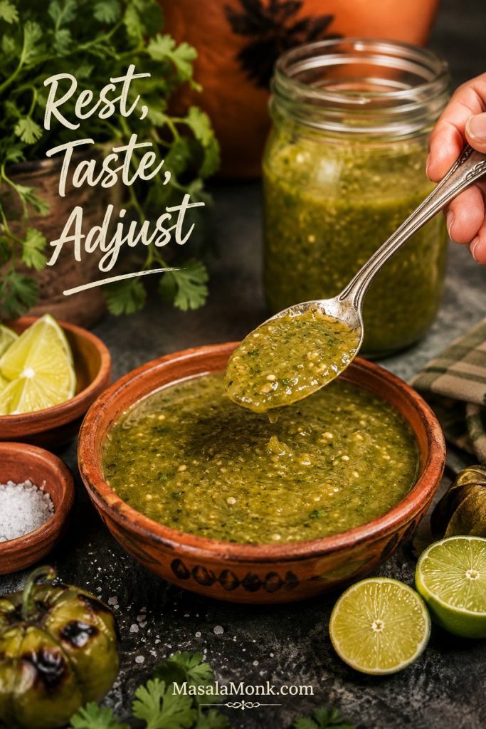 Spoon tasting salsa verde with lime wedges, salt, and a jar of green salsa nearby