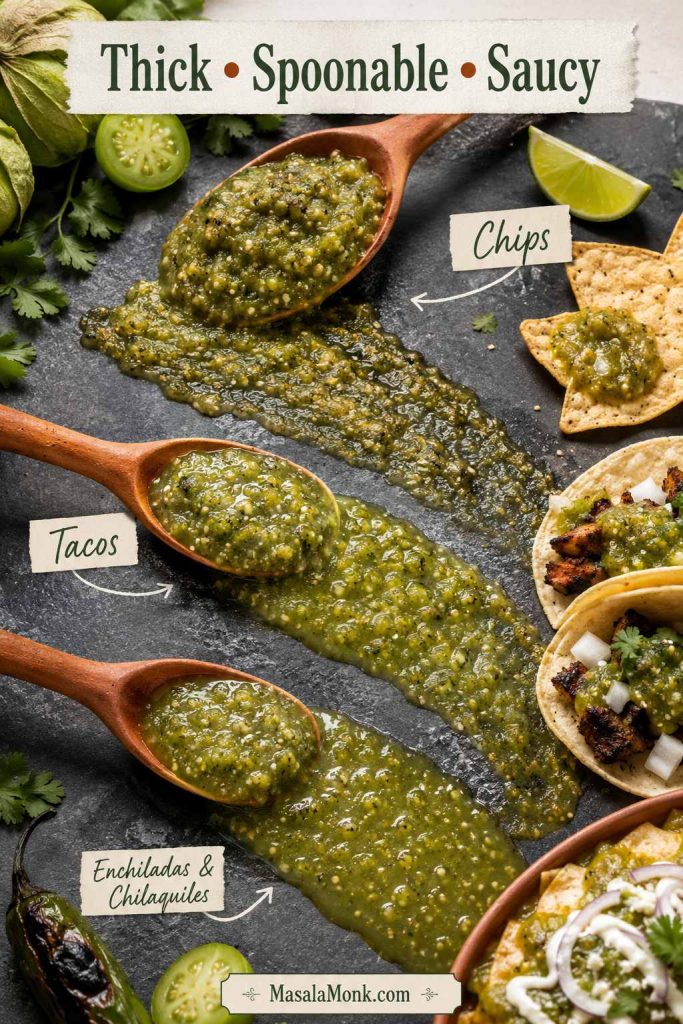 Three salsa verde textures labeled thick, spoonable, and saucy for chips, tacos, enchiladas, and chilaquiles