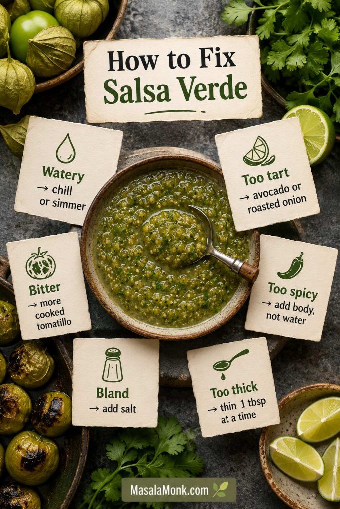 Troubleshooting board for salsa verde with fixes for watery, tart, bitter, spicy, bland, and thick salsa
