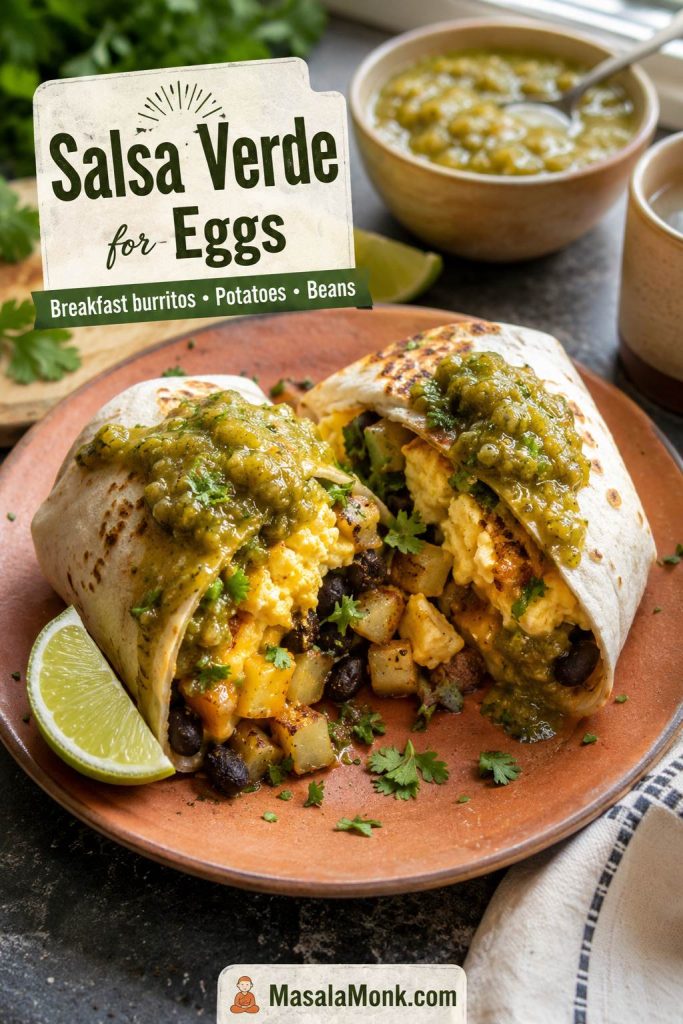 Breakfast burrito filled with eggs, potatoes, beans, and cheese with salsa verde spooned over the top