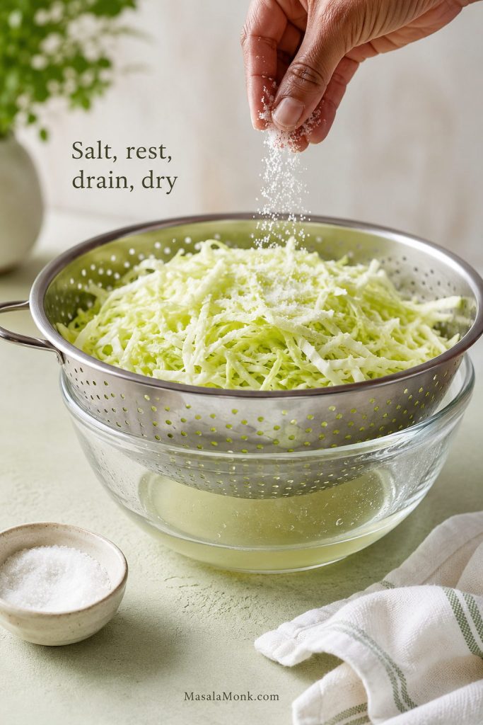 Hand sprinkling salt over shredded cabbage in a colander set over a bowl to drain moisture.