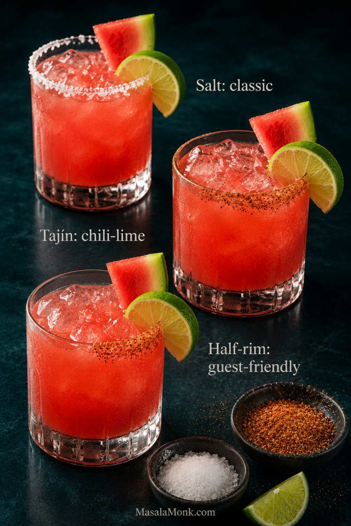 Three watermelon margaritas showing a salt rim, a Tajín rim, and a half-rim option.