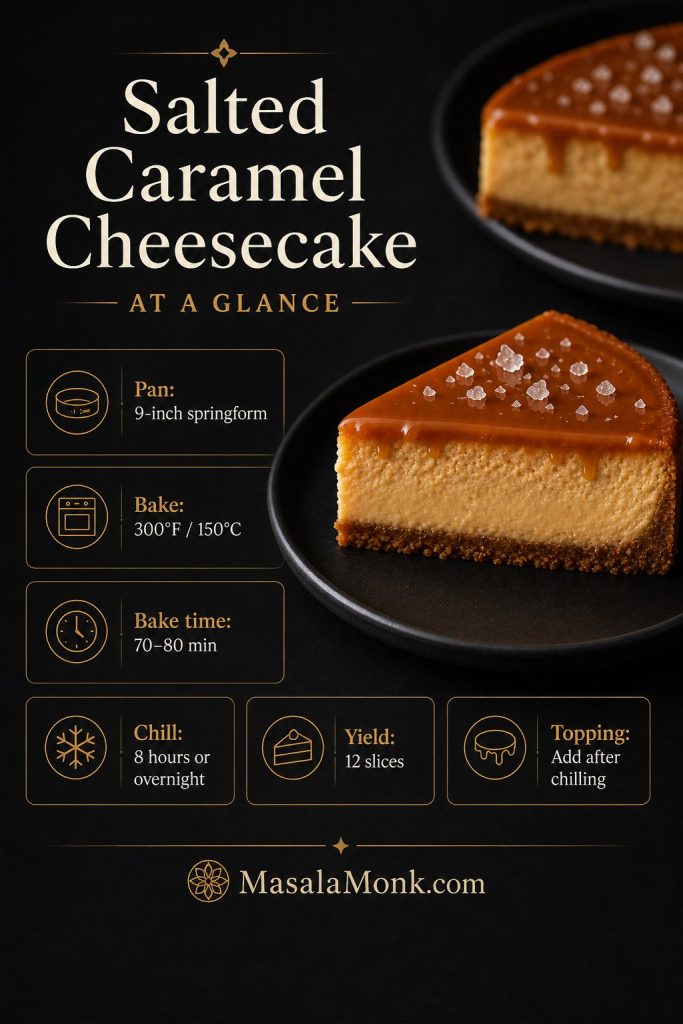 At-a-glance salted caramel cheesecake guide showing pan size, bake temperature, bake time, chill time, yield, and topping timing.