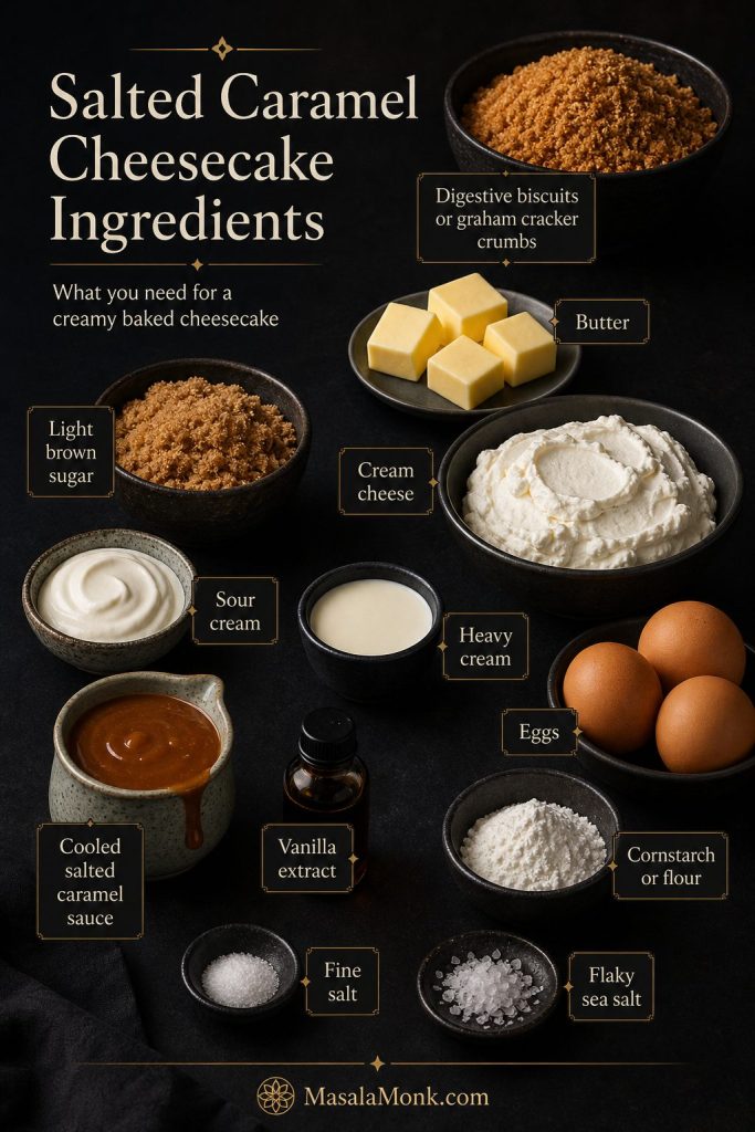 Ingredient board for salted caramel cheesecake showing crumbs, butter, brown sugar, cream cheese, sour cream, cream, eggs, caramel sauce, vanilla, cornstarch, and salt.