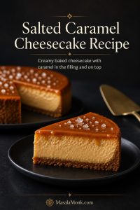 Baked salted caramel cheesecake slice with caramel topping, flaky salt, crumb crust, and text reading Salted Caramel Cheesecake Recipe.