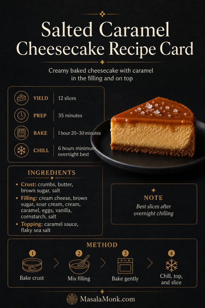 Saveable salted caramel cheesecake recipe card with yield, prep time, bake time, chill time, ingredient groups, and brief method steps.