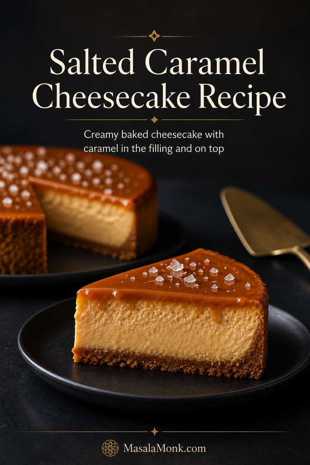 Baked salted caramel cheesecake slice with caramel topping, flaky salt, crumb crust, and text reading Salted Caramel Cheesecake Recipe.