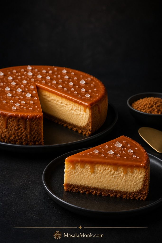 Text-free editorial photo of a salted caramel cheesecake slice with glossy caramel topping, flaky salt, creamy filling, and crumb crust on a dark plate.