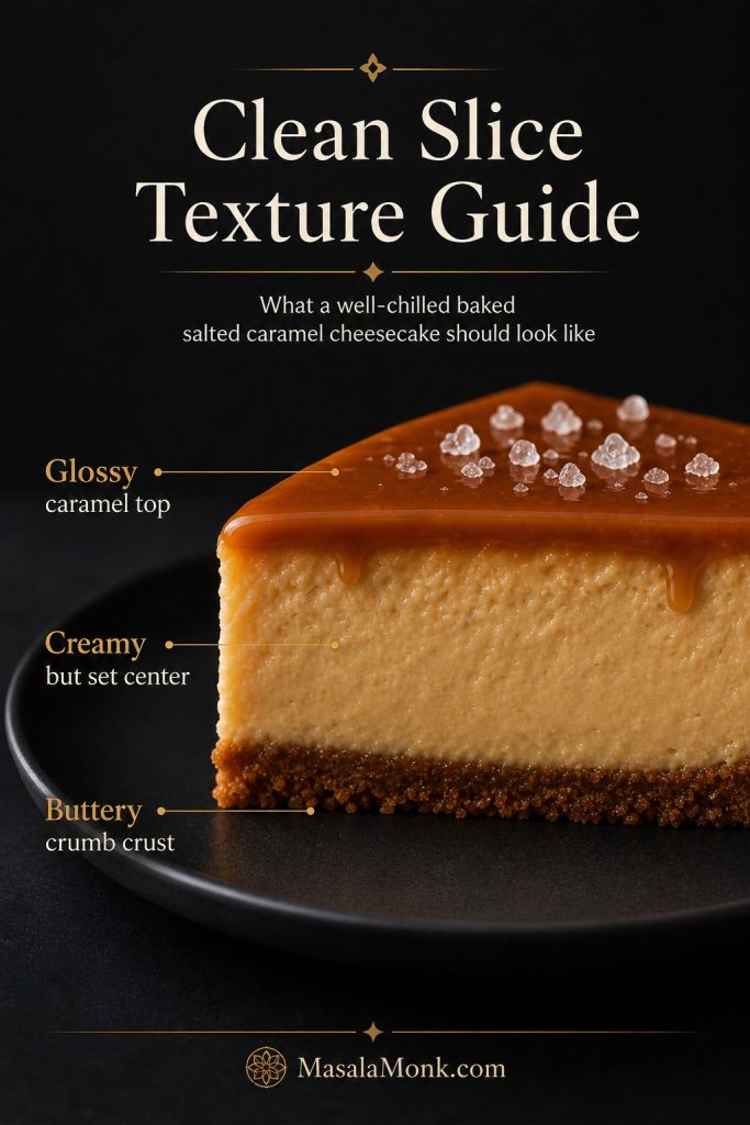 Close-up texture guide of a salted caramel cheesecake slice showing glossy caramel top, creamy set center, and buttery crumb crust.
