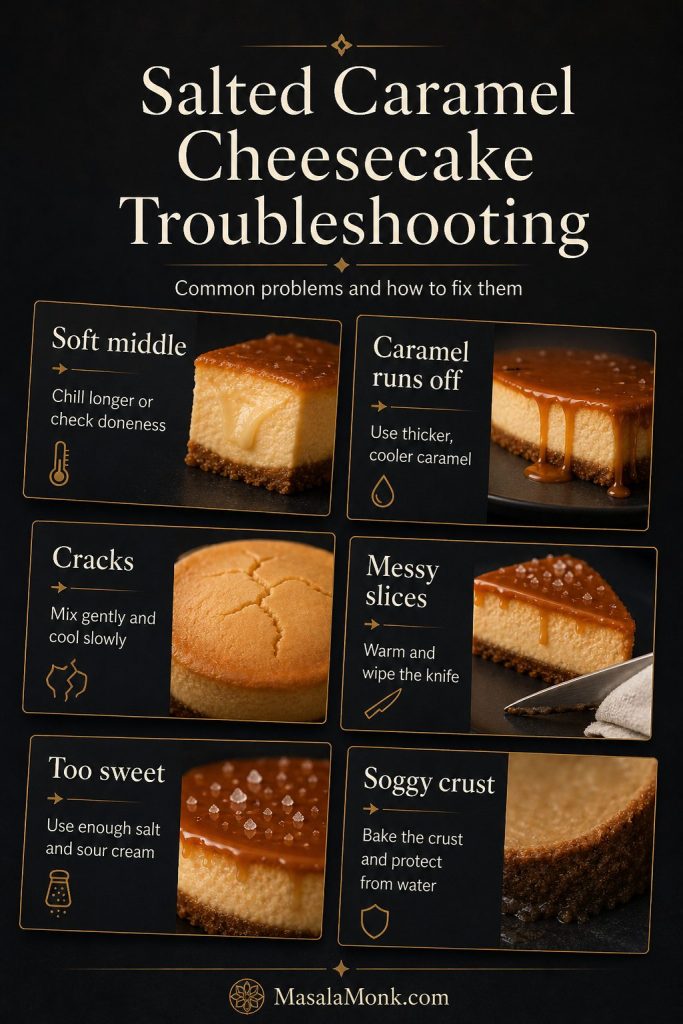 Troubleshooting board for salted caramel cheesecake showing fixes for soft middle, runny caramel, cracks, messy slices, too-sweet flavor, and soggy crust.