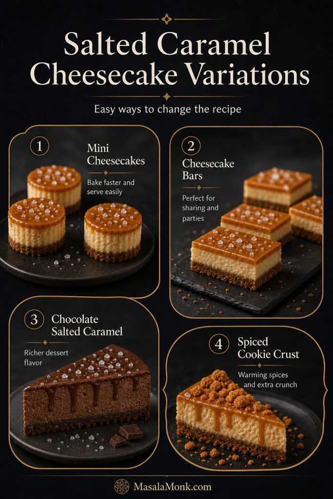 Salted caramel cheesecake variations board showing mini cheesecakes, cheesecake bars, chocolate salted caramel cheesecake, and spiced cookie crust.